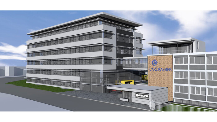 Dataanimasjon fra siden av det nye administrasjonsbygget til Kaeser Kompressoren
