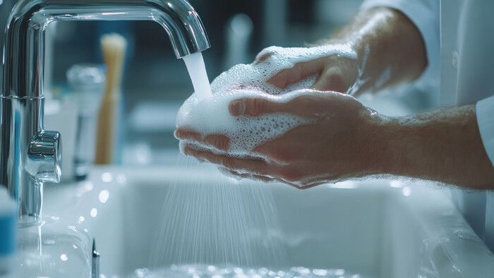 Varmt vann til håndvask genereres ved hjelp av varmegjenvinning fra en kompressor.